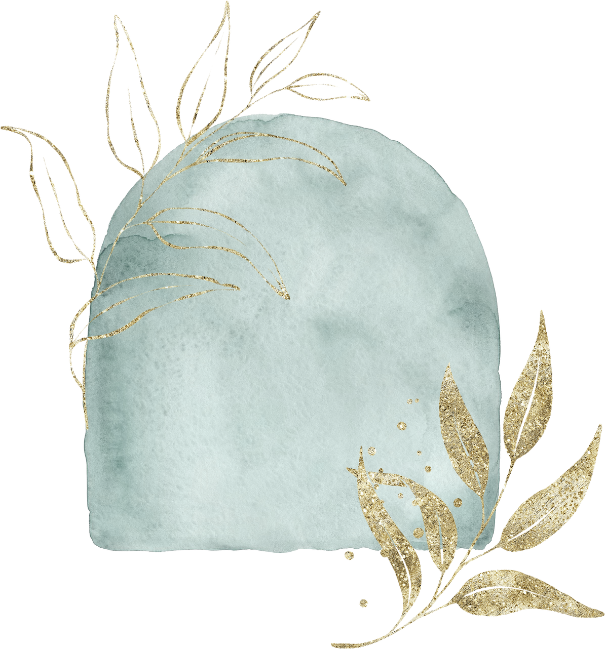 Watercolor abstract shape with gold decorative leaves.