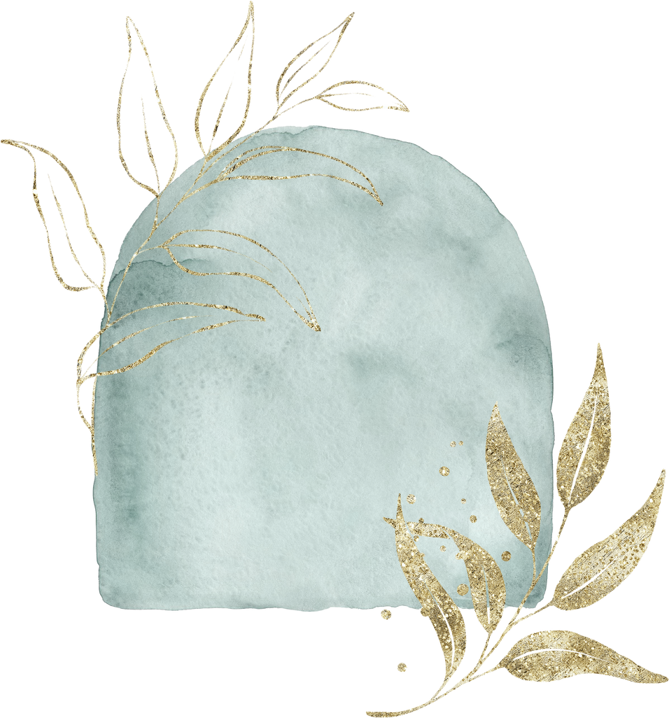 Watercolor abstract shape with gold decorative leaves.